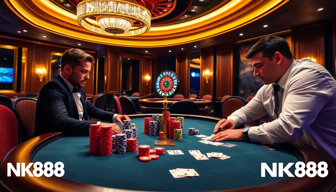 Players at a professional NK88 poker table showcasing excitement and strategy in a luxurious casino.