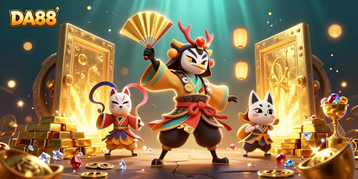 Experience thrilling gaming with DA88, where kabuki warriors and treasures abound in a vibrant casino scene
