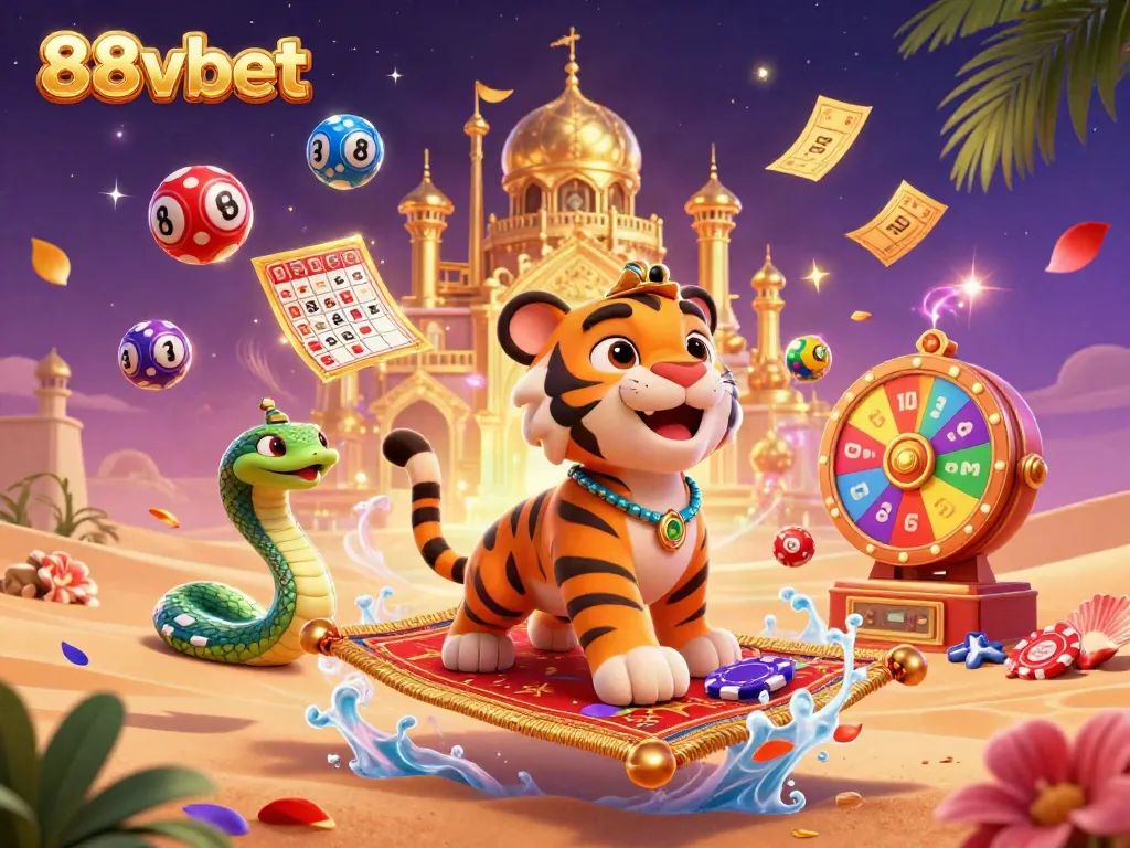Experience immersive gaming with 88vbet featuring a magical tiger sultan scene and dynamic lottery elements.