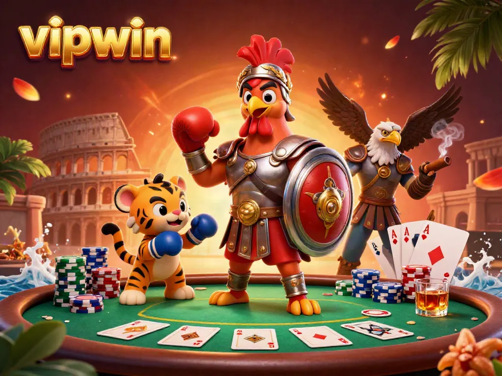 Engage in thrilling gameplay at vipwin with a dynamic scene featuring a gladiator rooster, a tiger cub, and vibrant poker elements.