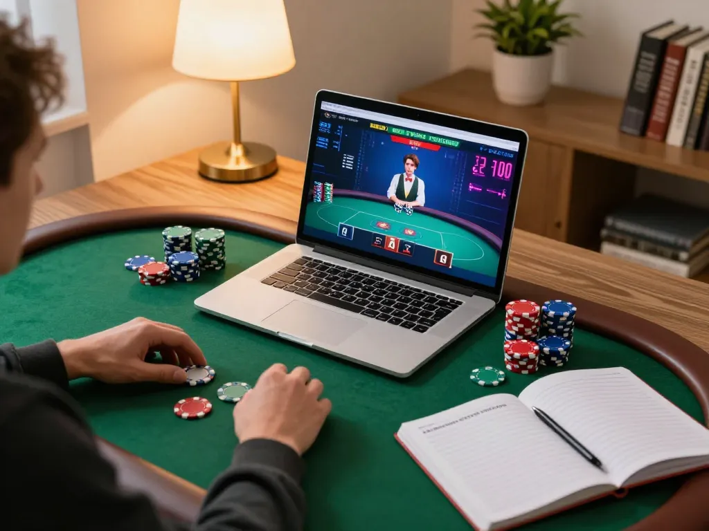 Người chơi LUCK8 đang lên chiến lược trong một phiên chơi poker trực tuyến tại nhà.