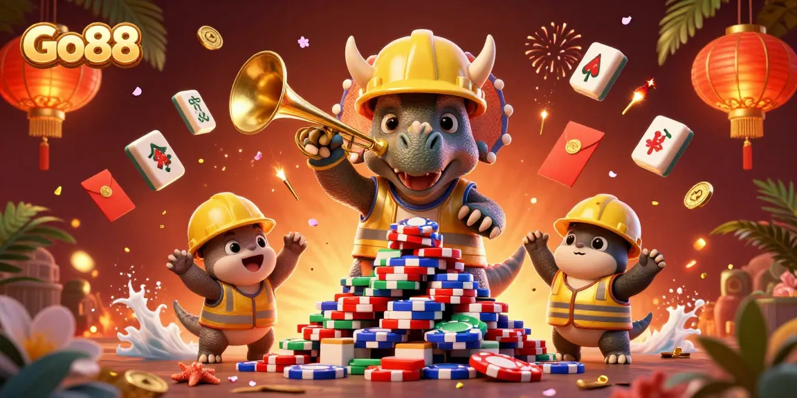 Experience thrilling gaming at Go88 while celebrating wins with vibrant casino-themed creatures.