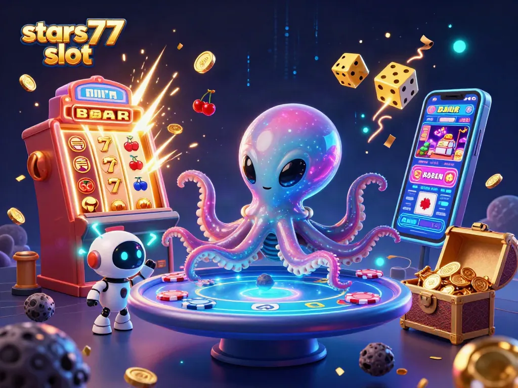Mainkan slots di stars77 slot dengan alien oktopus yang megah dan mesin slot jackpot meledak