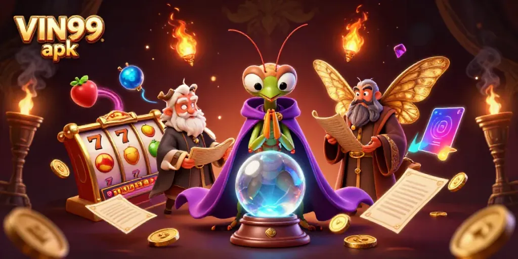 Engage with the exciting world of VIN99 apk showcasing a charismatic fortune teller and thrilling casino themes.