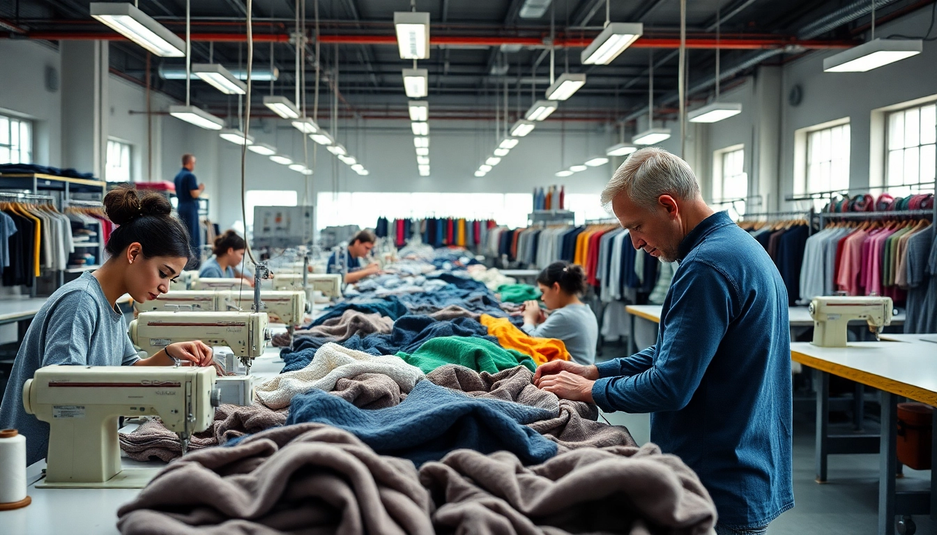 Custom Apparel Manufacturer crafting unique knitwear designs in a vibrant workshop setting.