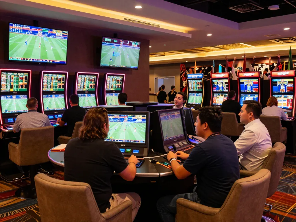 Engaged bettors enjoying sports betting at cm88casino's lively environment with dynamic screens and community feel.