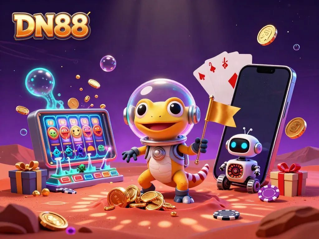 Experience the vibrant casino adventure with DN88 as the Martian gecko discovers treasures in a golden casino.