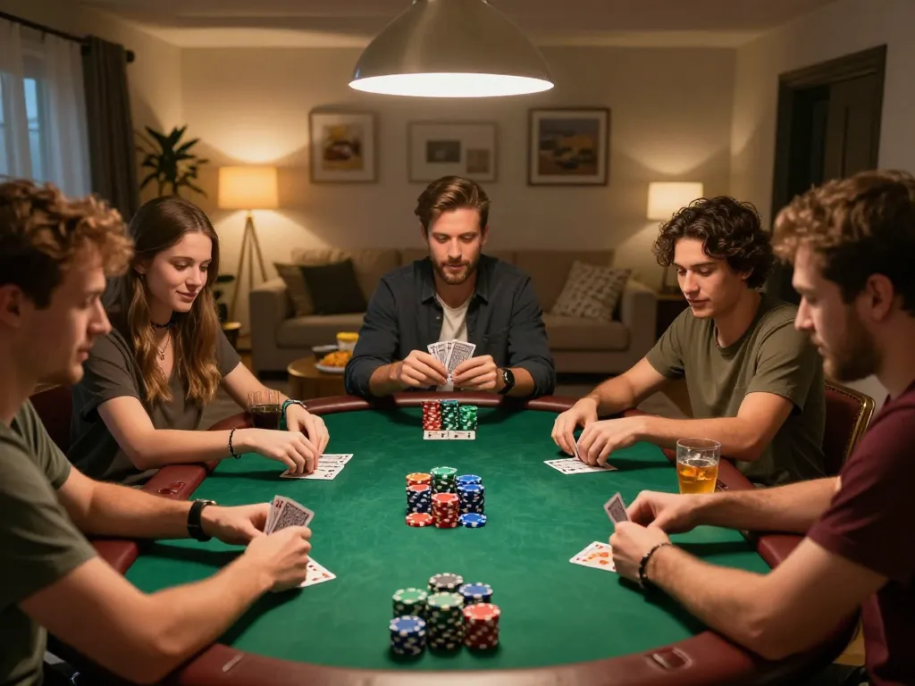 Engaging poker night with friends in a cozy setting showcasing LINK VUA88 camaraderie and strategy.