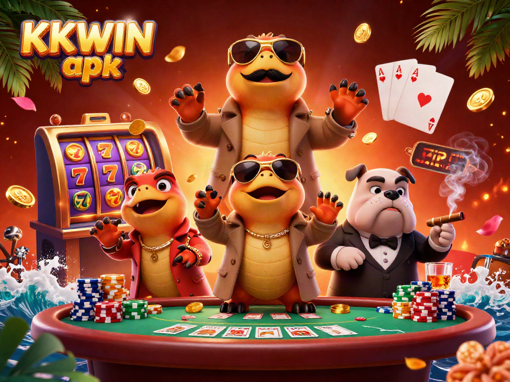 Enjoy a captivating KKWIN apk scene with playful raptors attempting to enter a casino, surrounded by vibrant gaming elements.