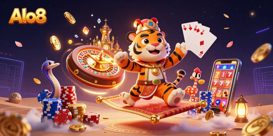 Alo8 showcases an Arabian Nights-themed casino adventure with a tiger sultan, magic elements, and vibrant casino games.