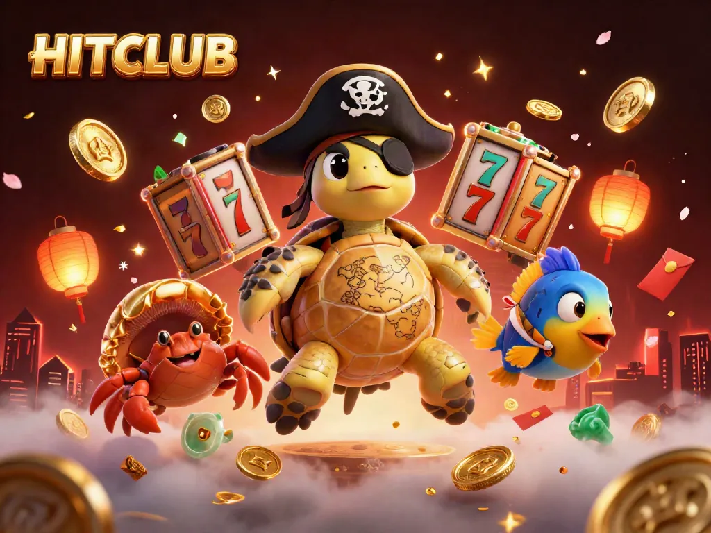 Experience the vibrant HITCLUB atmosphere with a 3D turtle pirate and treasure in a colorful casino scene.