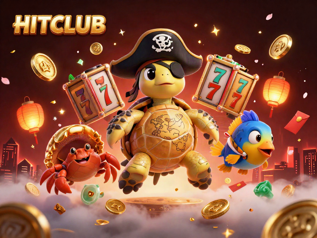 Experience the vibrant HITCLUB atmosphere with a 3D turtle pirate and treasure in a colorful casino scene.