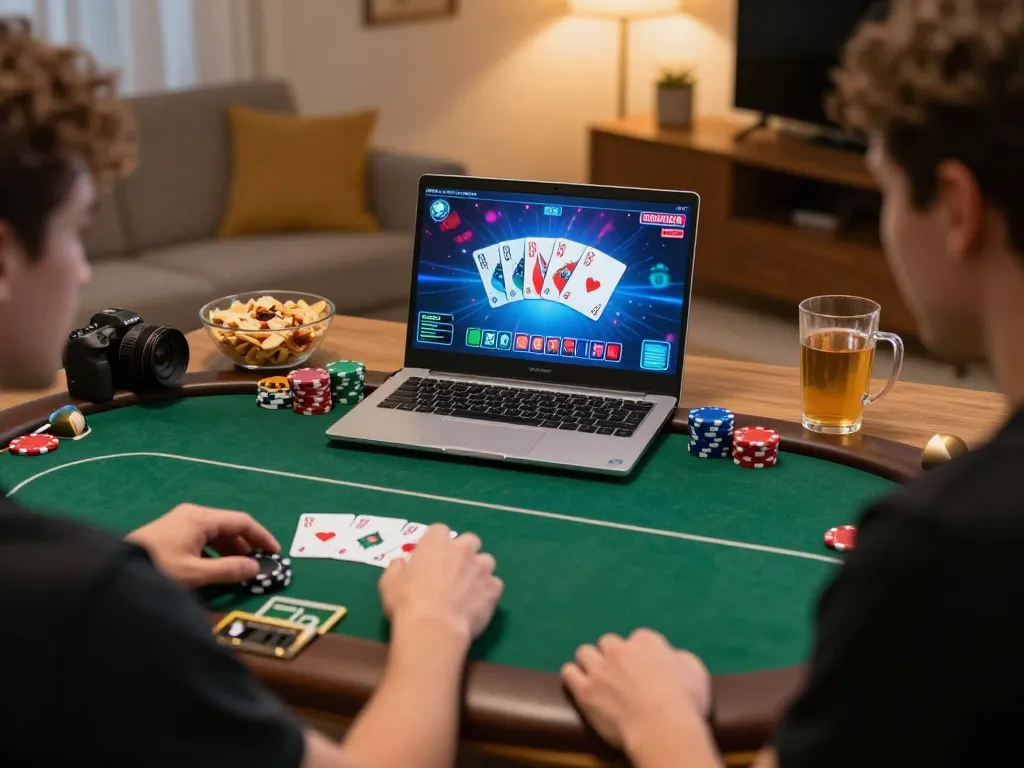 Player enjoying online poker at home, engaging with MM88 platform for thrilling gameplay.