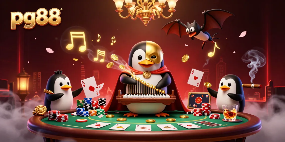 Experience rich gameplay at pg88 with a cartoon ice penguin amidst glowing casino excitement.