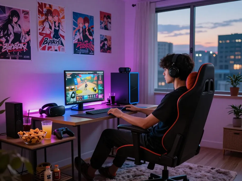 Engaging scene of a gamer playing an adult game on a laptop in a vibrant urban apartment.