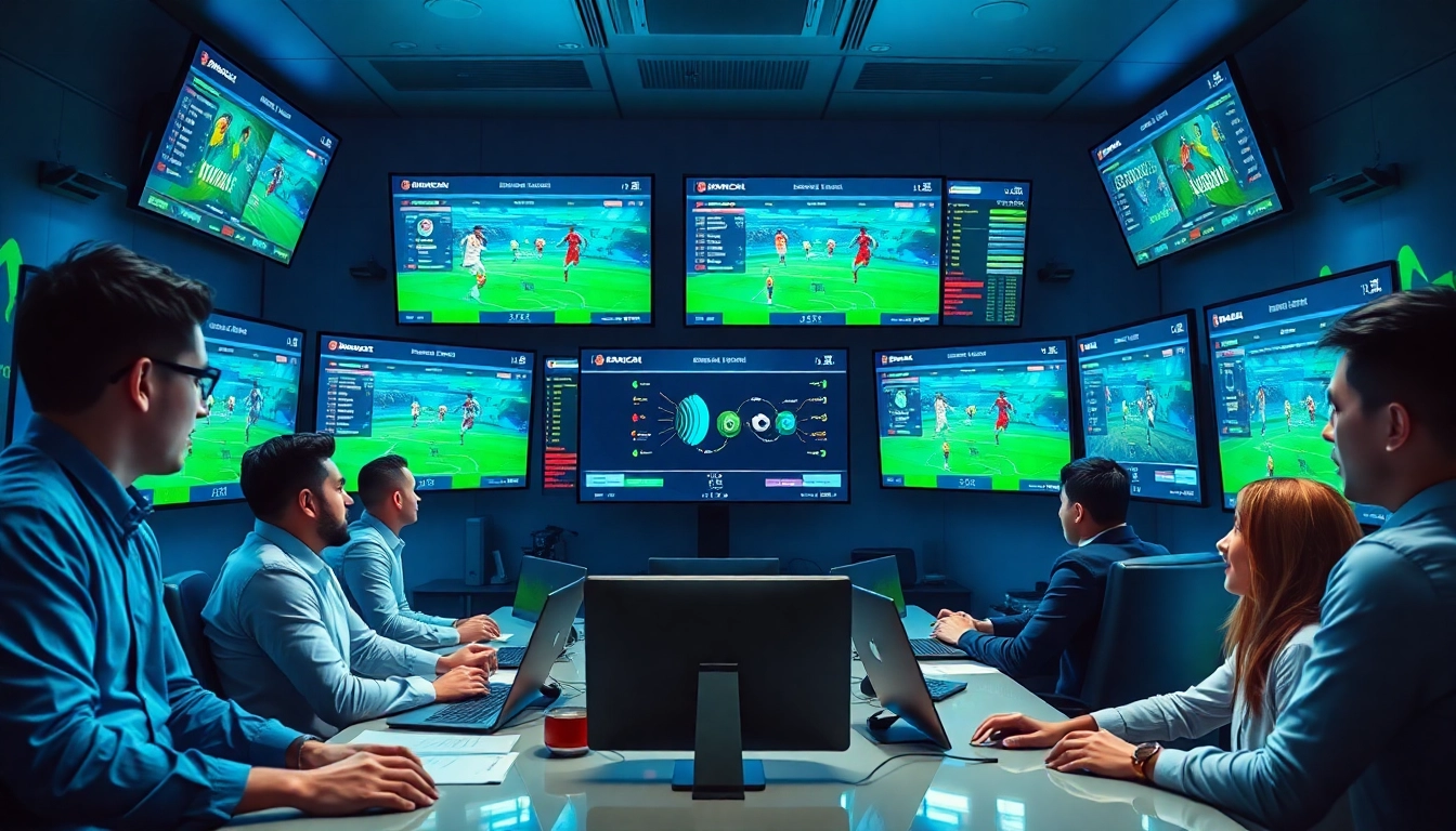 Dynamic view of a sports betting analysis room focused on keonhacai with live odds and engaged bettors.