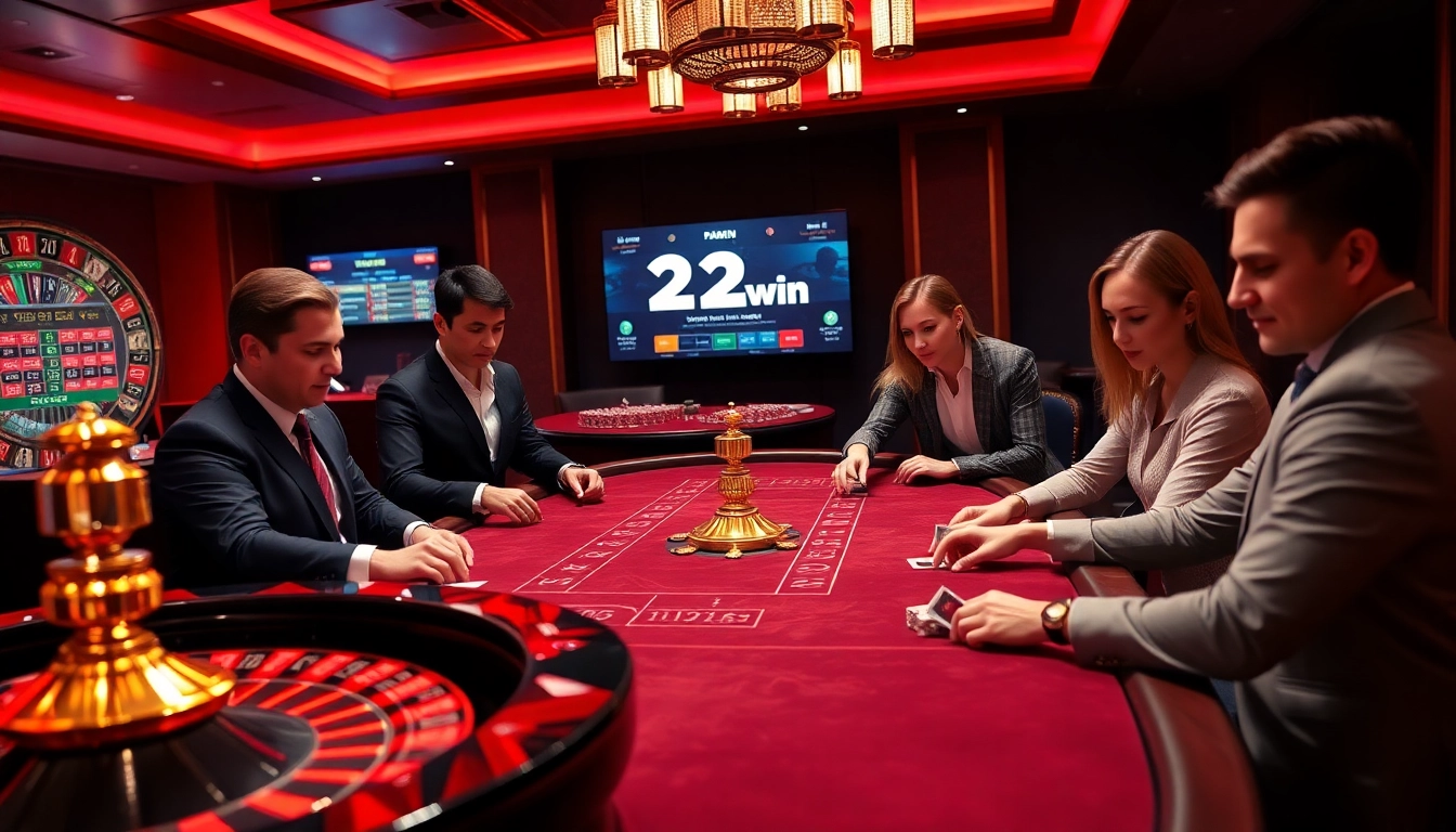 Experience the thrill of 23win with players at a luxurious casino table surrounded by vibrant gaming elements.