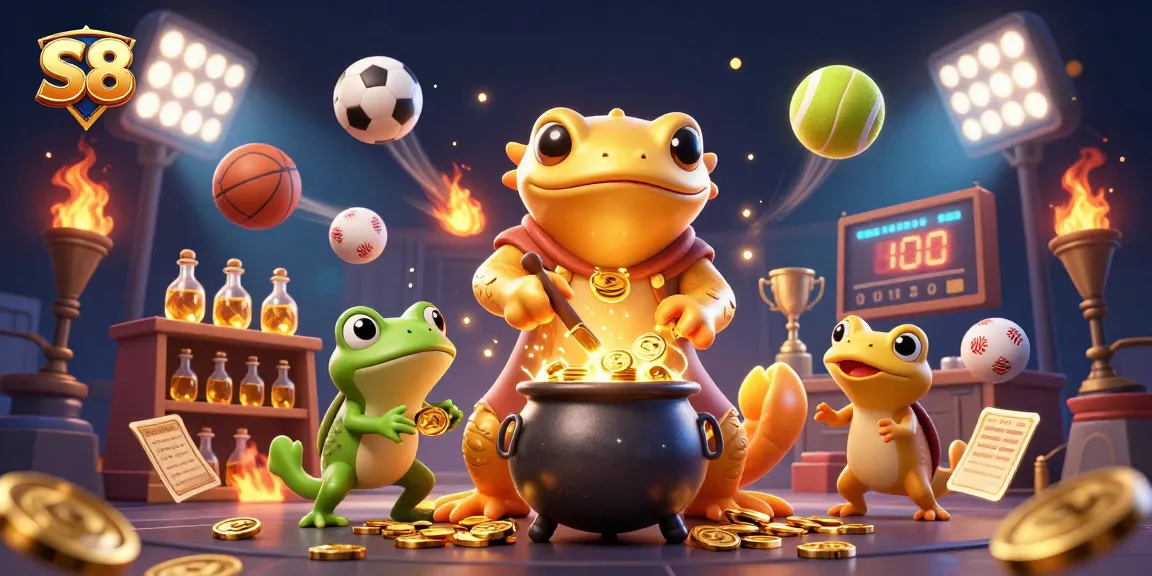 S8 sports betting scene with golden salamander alchemist and frog apprentice crafting gold coins amid dynamic sports elements.