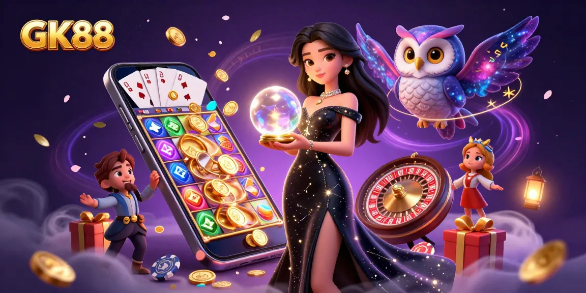 Experience the thrill with GK88 in a vibrant casino-themed digital illustration featuring game elements.