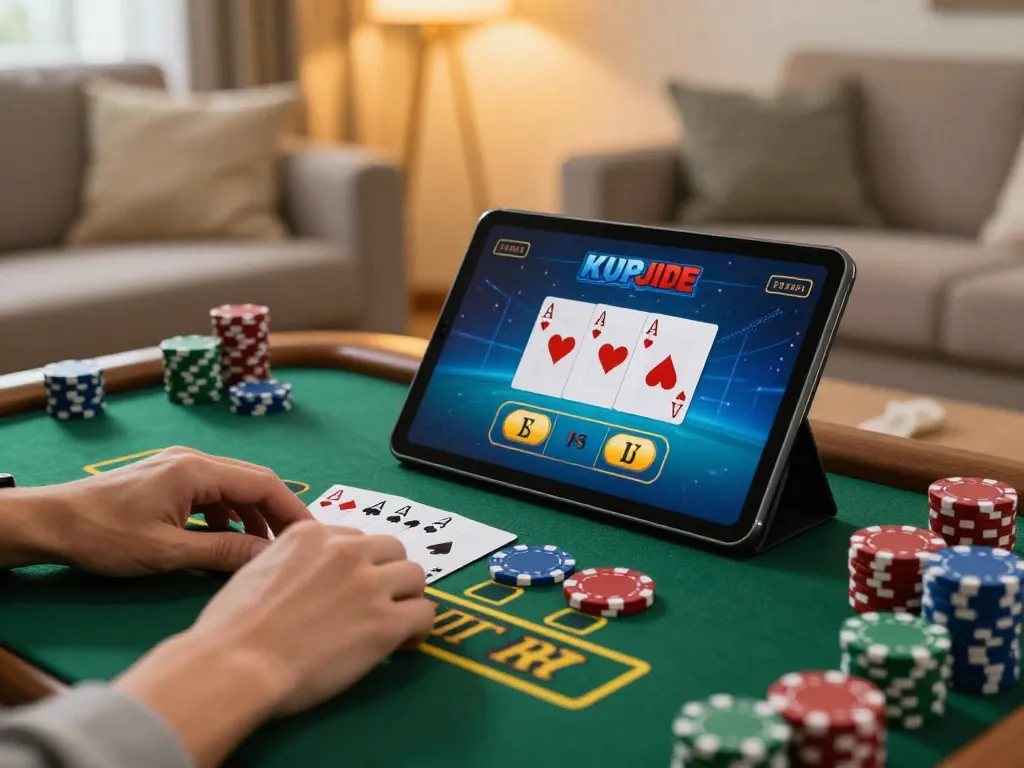 Engaged player enjoying online blackjack at home, showcasing lc88 platform with winning hand and cozy setting.