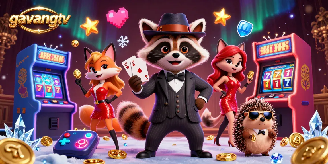 Experience the excitement of gambling with gavangtv featuring a suave raccoon, sparkling casino elements, and vibrant characters.