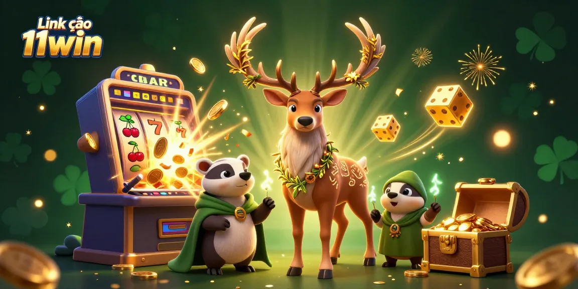 Win big at Link vào 11win with an exciting 3D casino illustration featuring a jackpot and vibrant game elements.