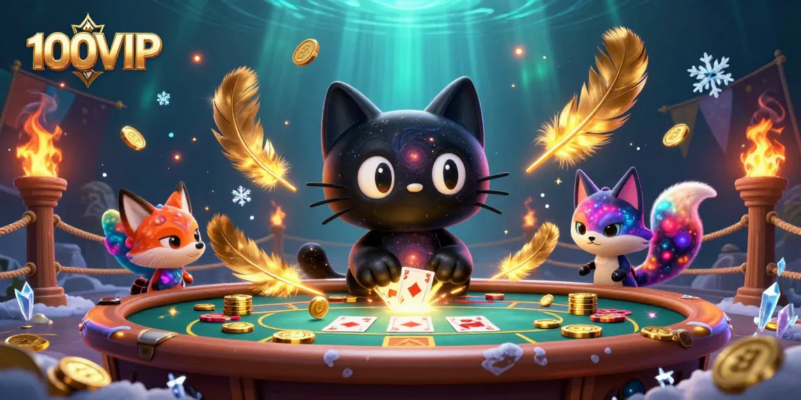 Engage with the exciting world of 100VIP as a black hole cat draws in gold chips at a cosmic casino.