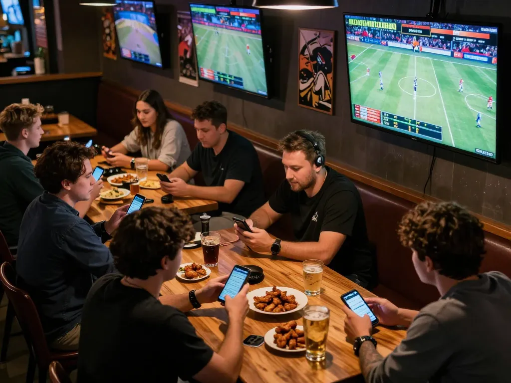 Engaging sports fans placing bets on LINK FABET in a lively sports bar atmosphere with excitement.