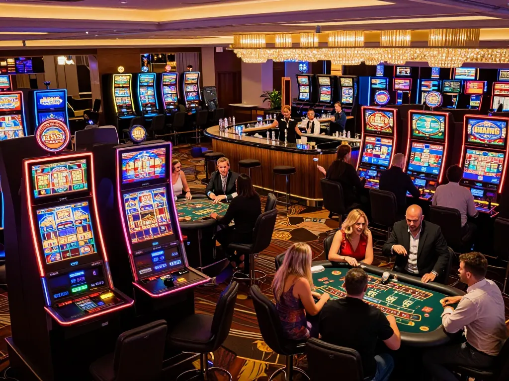 Dynamic gaming scene at BL555 casino with players enjoying slots and table games, vibrant atmosphere.