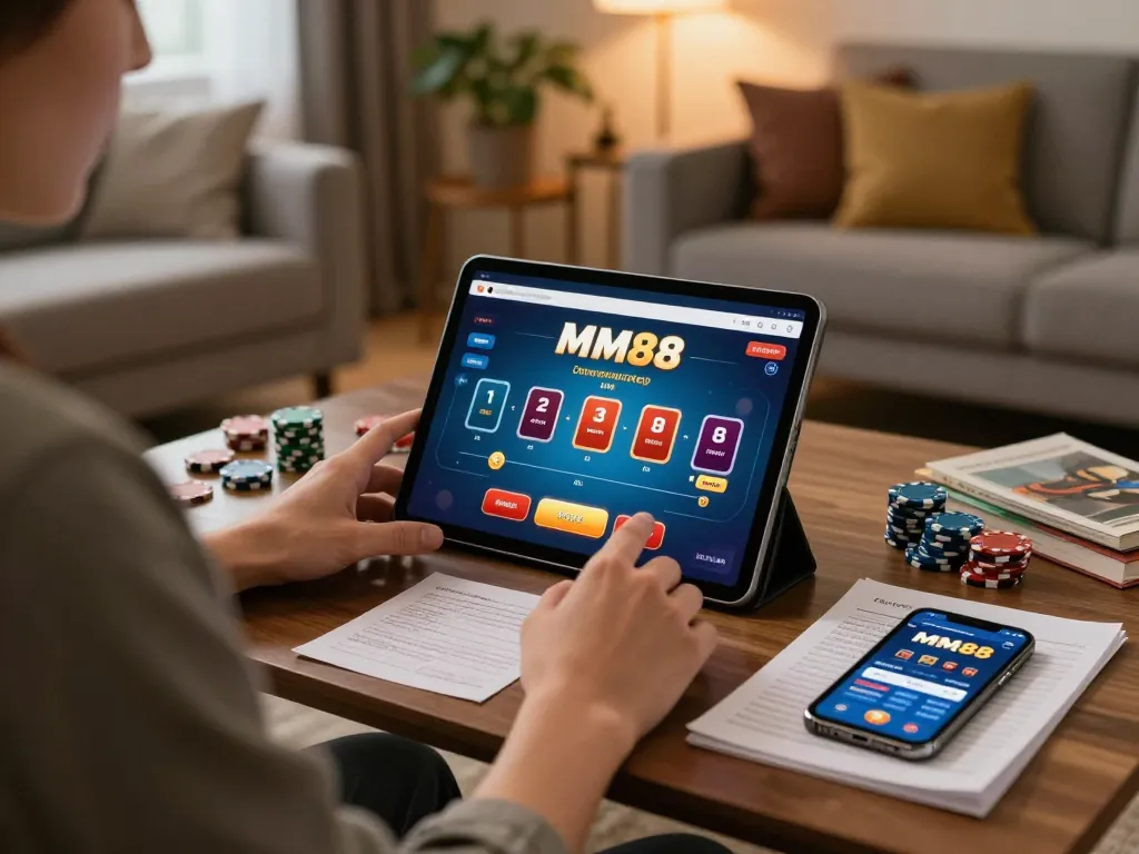 Engaging home gaming scene using the MM88 poker app on a tablet while strategizing