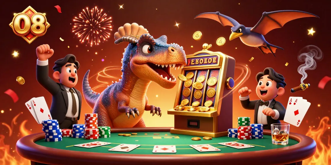 O8 platform showcases a pachycephalosaurus winning coins from a jackpot in a lively casino scene.