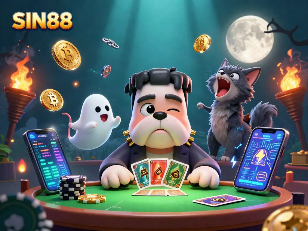 SIN88 showcases a fun scene where a Frankenstein bulldog deals cards with a ghost mouse and quirky kitten under a glowing underwater effect, amplifying the gaming atmosphere.