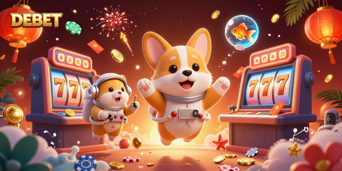 Experience the thrill at DEBET's casino with a floating astronaut corgi and vibrant game elements.