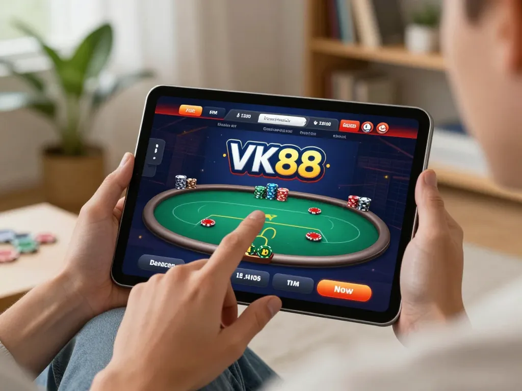 Player enjoying VK88 casino app gameplay at home with a tablet