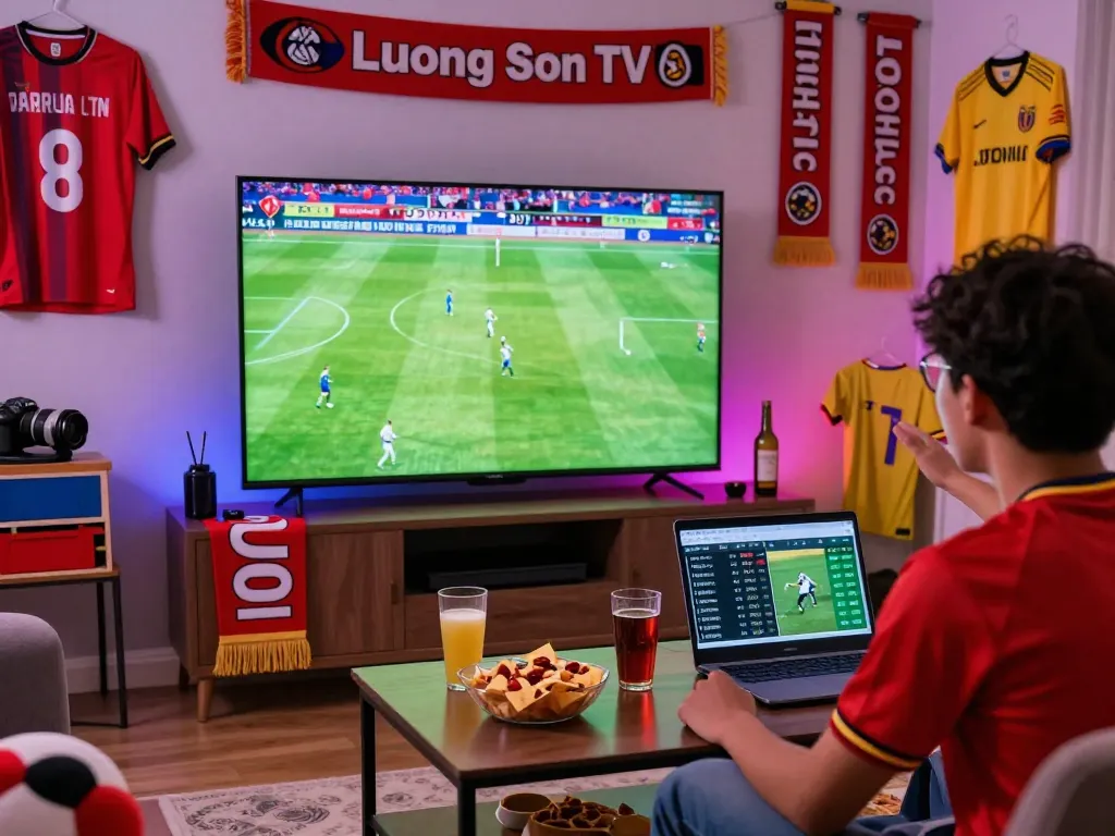 Vibrant soccer fan enjoying live streaming on Luong Son TV at home