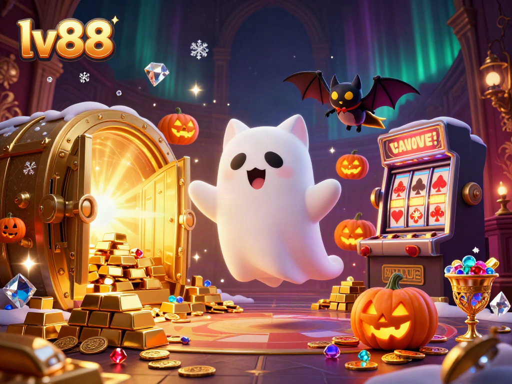 Experience thrilling gameplay at lv88 with a lively ghost cat and bat in a haunted casino.