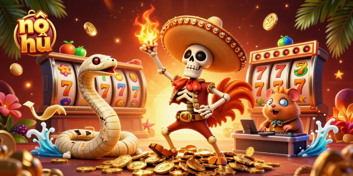 Experience thrilling nổ hũ action with a dynamic casino scene featuring vibrant characters and lively slot elements.