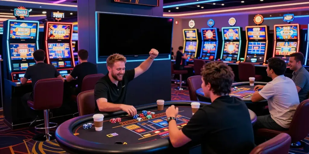 Exciting fc88 online gambling experience featuring players at live tables and vibrant slot machines.