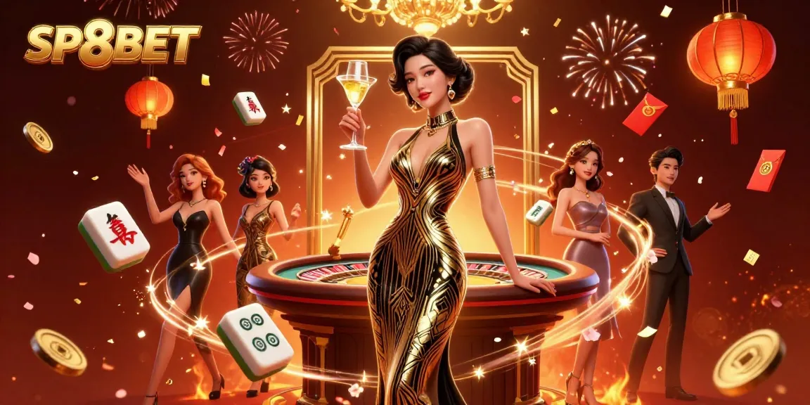 Engage with SP8BET's thrilling casino experience featuring an elegant Asian woman in a glamorous setting.