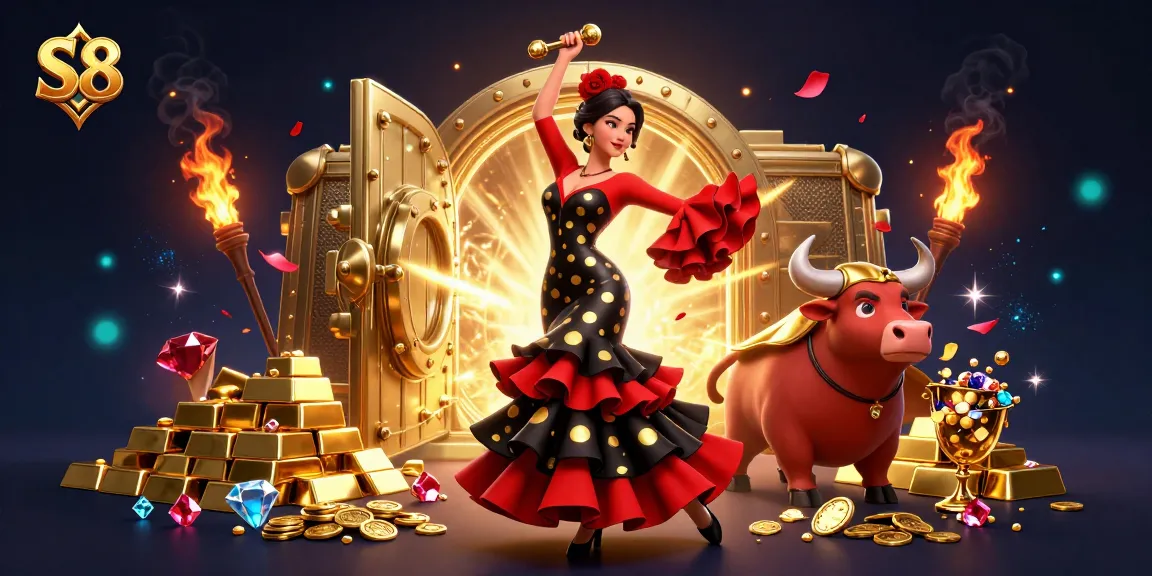 S8 offers thrilling casino experiences with a majestic flamenco dancer, a golden bull, and dazzling treasures.