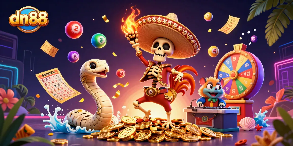 Experience thrilling wins with dn88's vibrant lottery-themed illustration featuring celebratory characters and game elements.