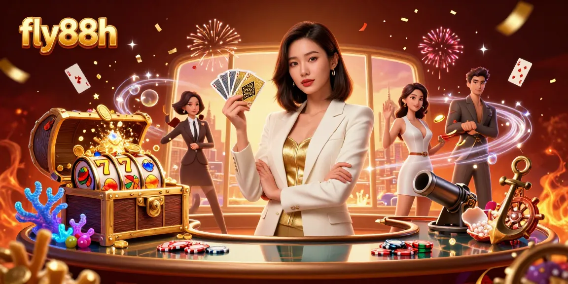 Experience the excitement of gambling at fly88h with this vibrant casino scene featuring slots and card games.