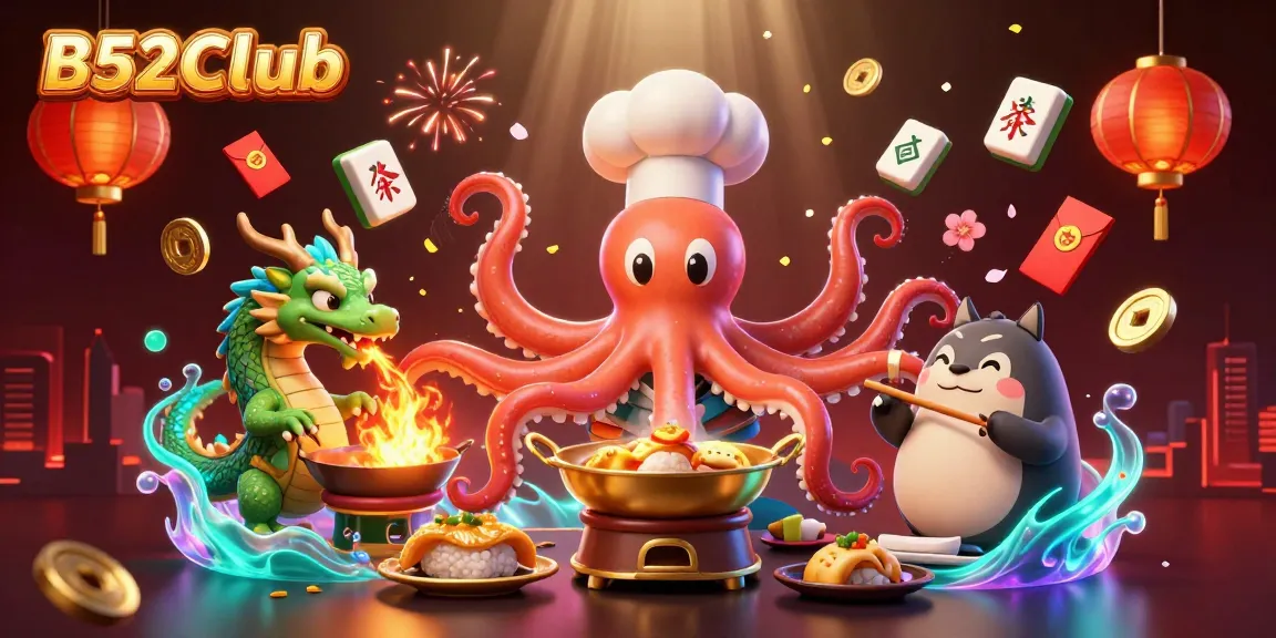 B52CLub offers thrilling gaming experiences as a sushi chef octopus prepares dishes, enhancing excitement.