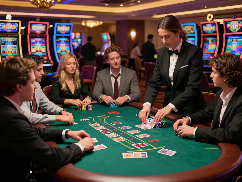Engaged players enjoying blackjack at Da88 casino table, vibrant atmosphere with chips and cards in action.
