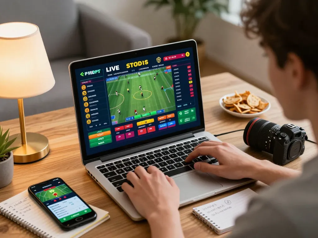 Engaging betting strategy session at go8 with sports odds on laptop and snacks.