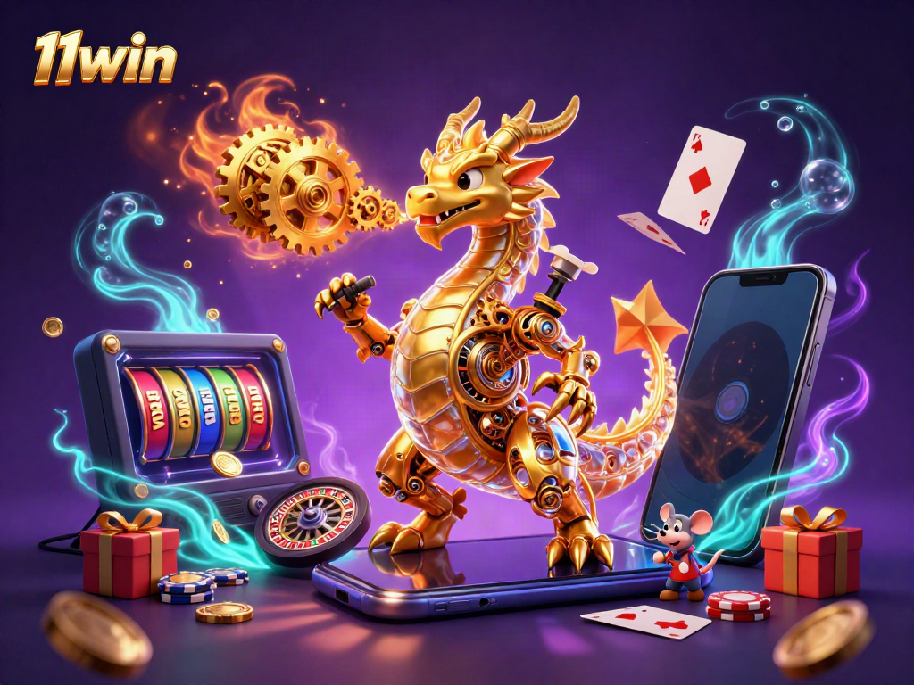 Experience thrilling 11win gameplay with a golden dragon and vibrant slot game elements.