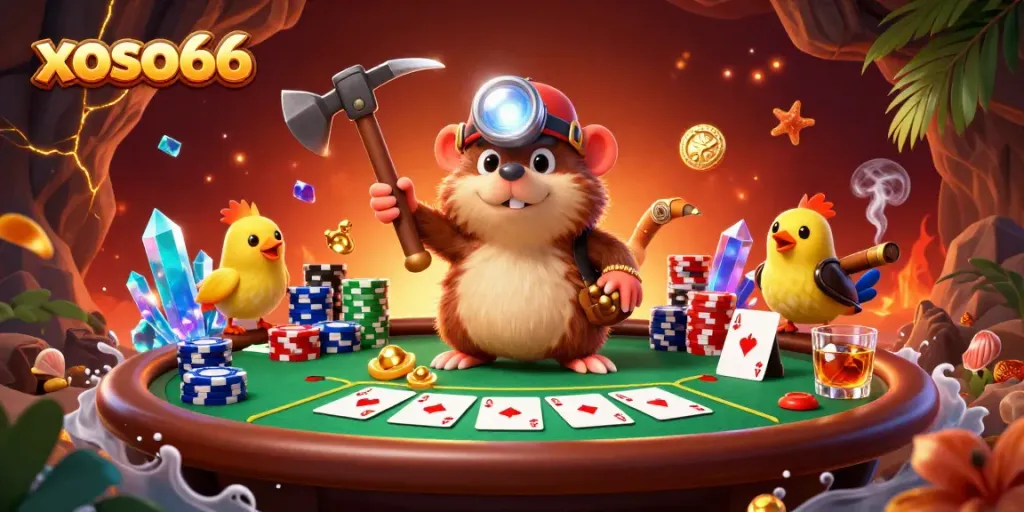 Experience thrilling wins with xoso66 at a vibrant poker scene featuring a treasure hunter mole.