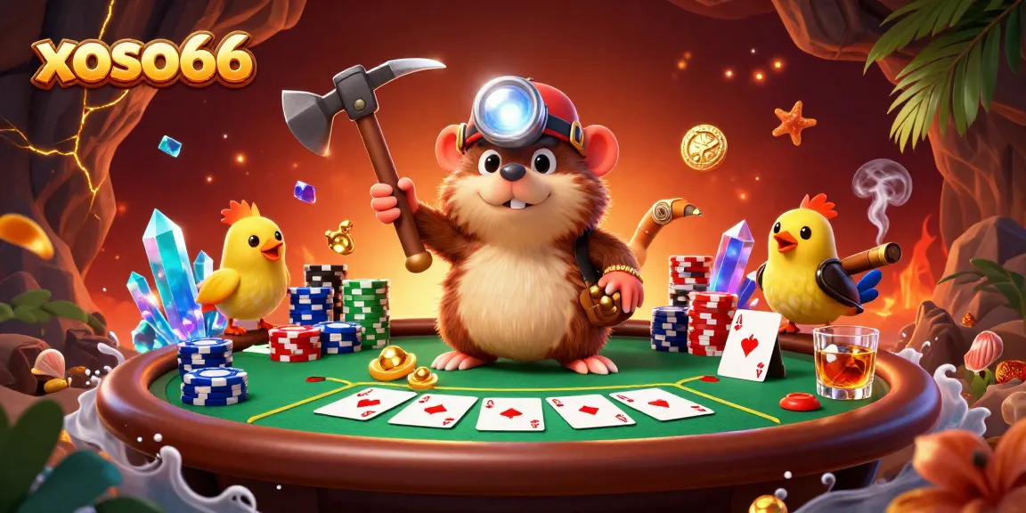 Experience thrilling wins with xoso66 at a vibrant poker scene featuring a treasure hunter mole.