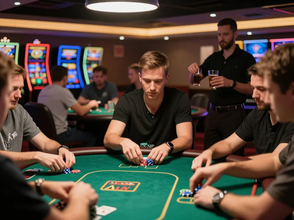 J188 players strategically calculating odds in an engaging poker game at the casino table.