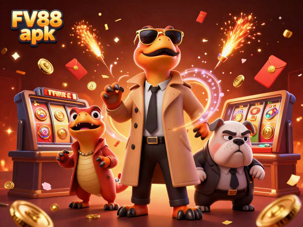 Experience the thrill at FV88 apk with three cartoon raptors sneaking into a VIP casino lounge.